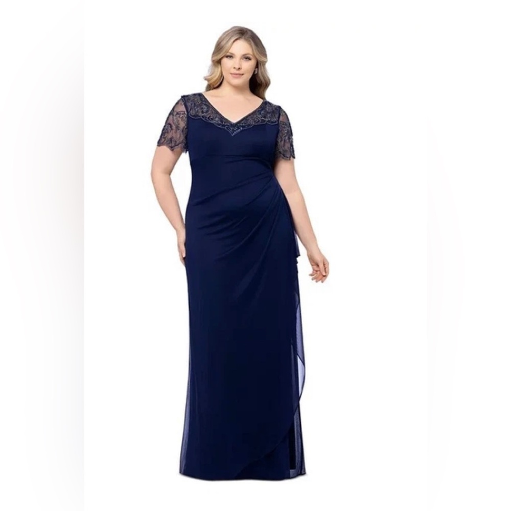XSCAPE Beaded Illusion-Sleeve V-Neck Gown Navy